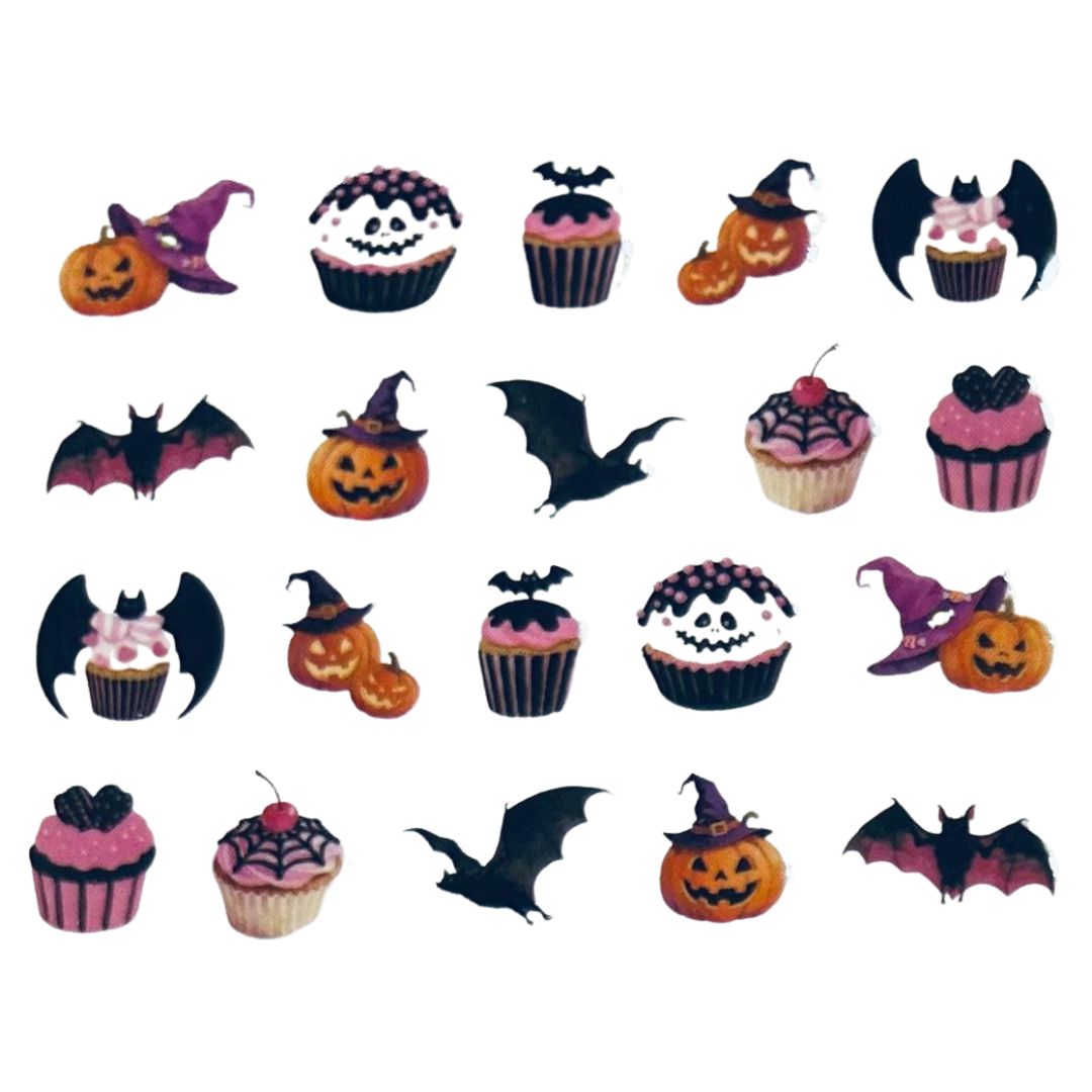 🧁 Spooky Sweet Treats Halloween Nail Art Stickers – Cupcakes, Pumpkins, Bats & Witch Hats