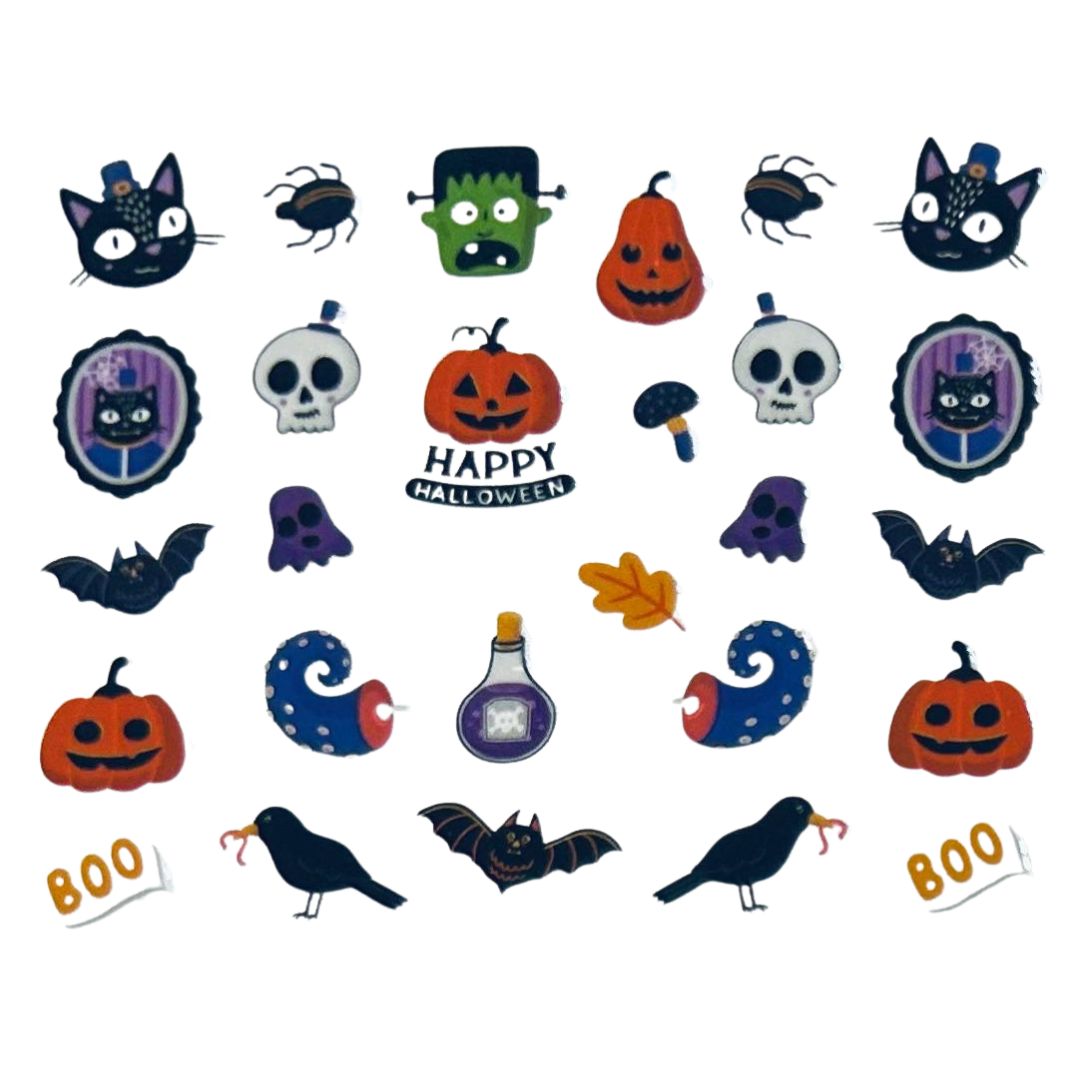 🦇 Monster Mash Halloween Nail Art Stickers – Skulls, Cats, Pumpkins & Spooky Details