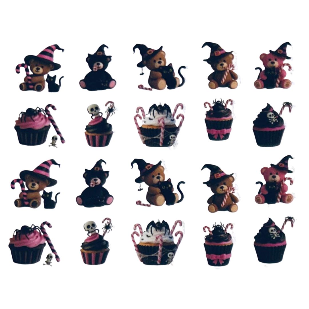 🧸 Witchy Sweethearts Halloween Nail Art Stickers – Teddy Bears, Cupcakes, Candy & Black Cats
