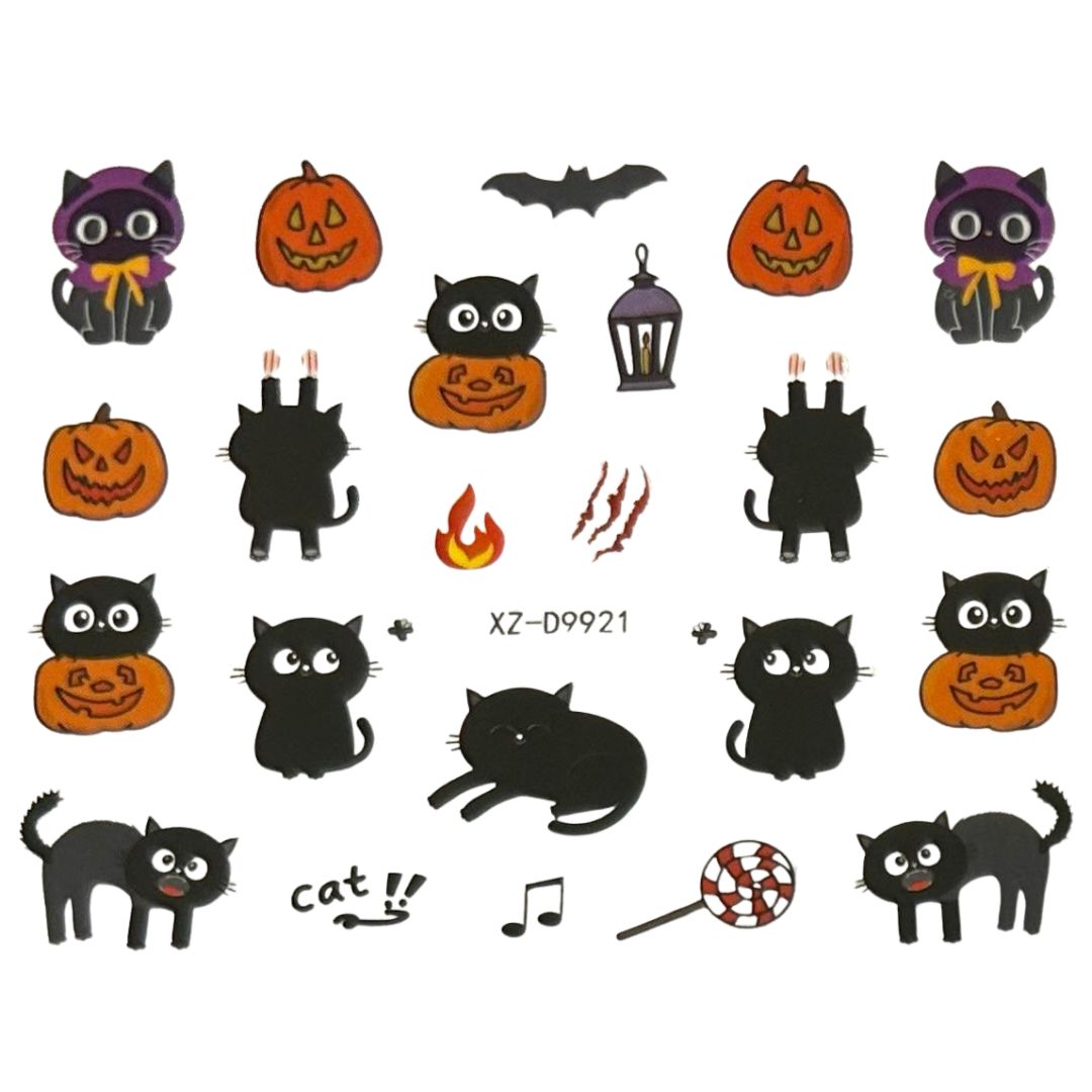 🐾 Black Cat Magic Halloween Nail Art Stickers – Pumpkins, Cats, Bats & Spooky Details