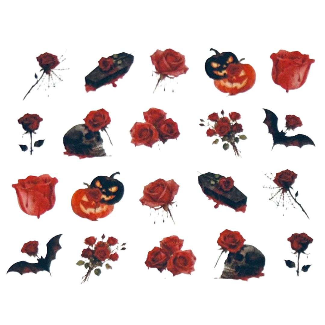 🌹 Bloody Romance Halloween Nail Art Stickers – Roses, Skulls, Coffins & Gothic Pumpkins